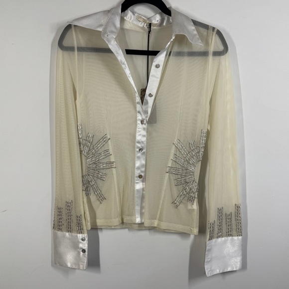 Vintage Taglia Sheer Beaded Satin Blouse Ivory Size M Long Sleeve Dressy Top - Picture 2 of 14